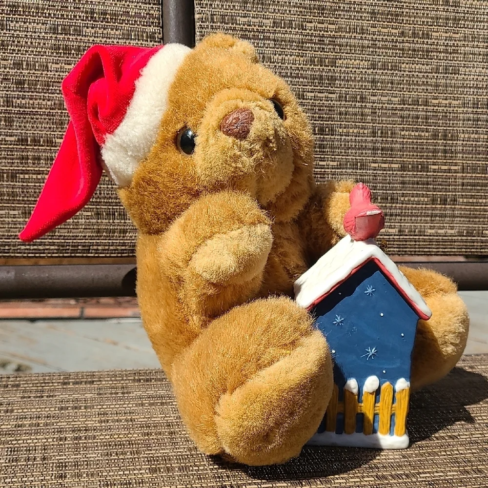 Vintage‎ Holiday Teddy Bear Santa Hat & Cermamic Bird House Bell Bundle